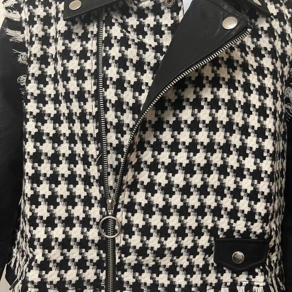 SONCY Houndstooth Frayed Edge and Faux Leather Moto Jacket, NEW! Size 0=12 - Picture 4 of 8